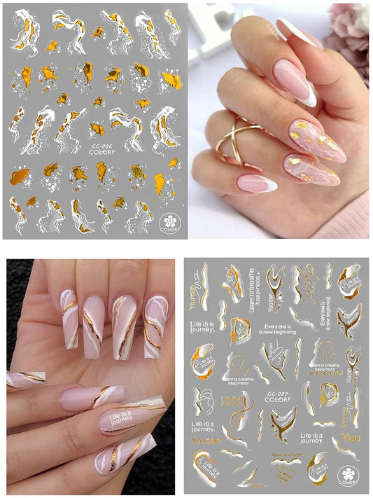 12 Sheets Nail Art Stickers Decals,TOROKOM Self-Adhesive White Black Gold Stripe Line Nail Decals Marble Wave Nail Sticker Supplies for 3D Nail Design Nail Accessories for Women French Nail Decoration