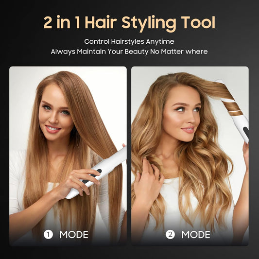Cordless Hair Straightener and Curler 2 in 1, Titanium Flat Iron with Fast Heating, 4 Adjustable Temperature, Rechargeable Straightener for All Hair Types, Portable Styler for Travel (White)
