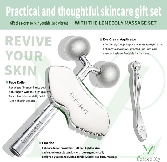 Face Roller Massager Skin & Gua Sha Facial Tools Stainless Steel, Facial Massage Skin Care for Face Neck Body, Reduce Puffiness Remove Wrinkles, Valentines Gift for Women