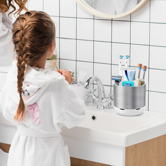 Silver Toothbrush Holders for Bathrooms Countertop Organizer - Kids Electric Toothbrush and Toothpaste Holder Rotating Tooth Brush Organization Bathroom Sink Accessories Storage Caddy