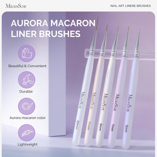 MelodySusie 5Pcs Nail Art Liner Brushes Professional Gel Polish Painting Art Design Pen Set for Thin Long Lines, Tiny Details, Fine Drawing, Delicate Coloring Sizes 5/7/9/11/20mm