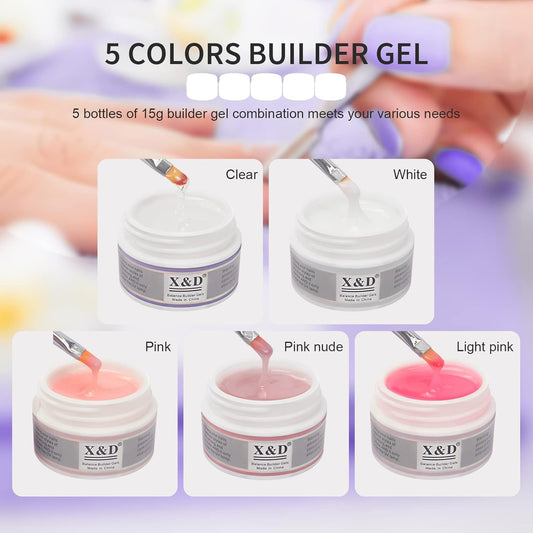 X&D Poly Gel Nail Kit 5 Colors Natural Clear Poly Nail Gel Kit Nail Extension Builder Nail Gel with Nail Glue Gel,Dual Forms, Nail Forms, Brush, File Set
