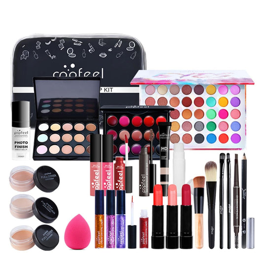 All-in-one Makeup Set Holiday Gift | Full Makeup Kit for Women Essential Starter Bundle Include Eyeshadow Palette Lipstick Blush Cream Concealer Face Powder Eyeliner Mascara Lipgloss Brush