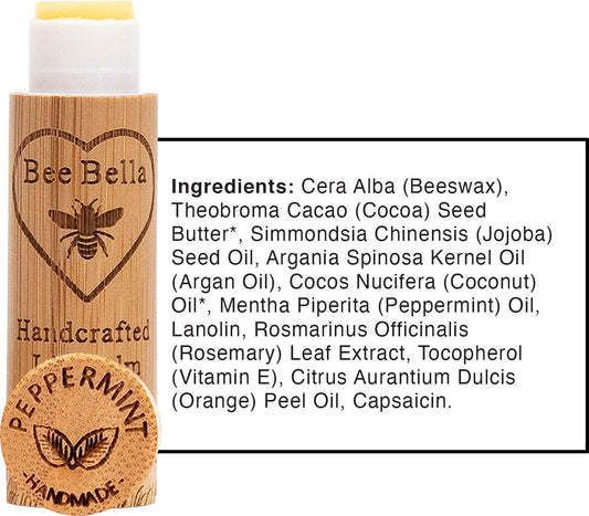 Bee Bella Lip Balm, Peppermint, 3 Pack - Hydrating Lip Care, 100% Natural, Original Organic Beeswax with Vitamin E, Handmade in USA