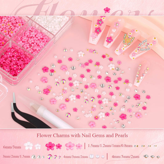 3D Nail Charms and Gems Set 1, 20PCS Gold and Silver Chunky Butterfly Charms With Rhinestones, 3D Flowers, Flatback Crystals, Pearls, Diamonds + Picker Tool for Y2K Nail Decoration