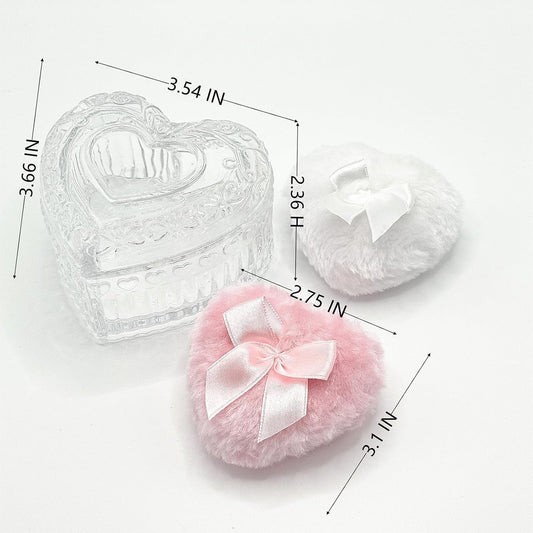 Body Powder Puff and Container - Glass Heart Dusting Powder Container with 2 Soft Puffs – Vintage Powder Puff Case for Women & Girls-GRB007-Transparent