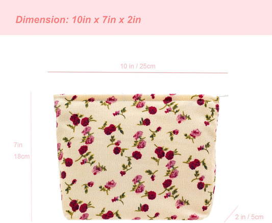 PAZIMIIK Makeup Bag Large Zipper Corduroy Make Up Pouch for Purse Travel Canvas Cosmetic Organizer for Women Brush Storage,Vintage Rose Beige