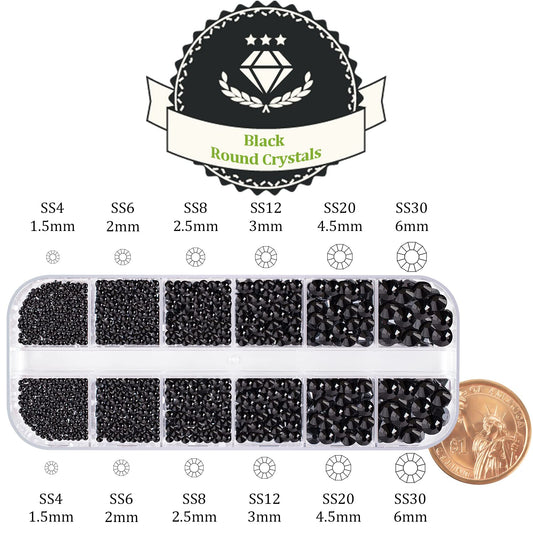 One Pack 2000 Pcs of Flatback Round Black Rhinestones 6 Sizes (1.5-6 mm) with Nail Art Rhinestone Picker Pencil and Tweezers for DIY and Salon Use