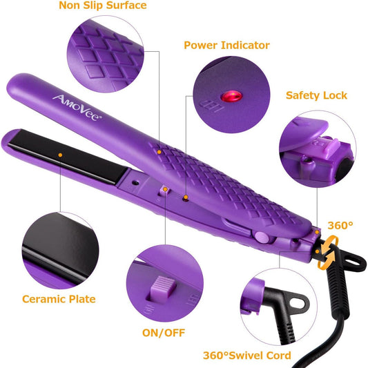 AmoVee Mini Flat Iron, 0.7 Inch Mini Hair Straightener, Small Flat Iron for Short Hair,Curls Bangs, Dual Voltage Travel Hair Straightener(Purple)