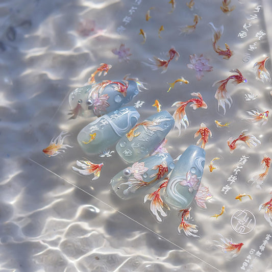 Golden Koi Fish Nail Art Stickers 5D Embossed Self-Adhesive Lotus Nail Decals for Acrylic Nails Lucky Red Koi Fish Designs Nail Sticker Cute Goldfish Nail Decal for Women DIY Art Nails Decor Supplies