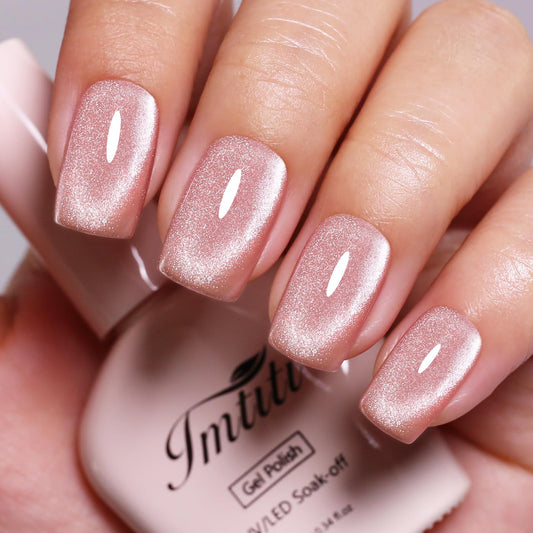 Imtiti Cat Eye Gel Nail Polish, Light Nude Pink Holographic Magnetic Crystal Nail Gel Polish With Magnet Glittery Galaxy Spring Summer Kit Soak Off UV Led 10ML