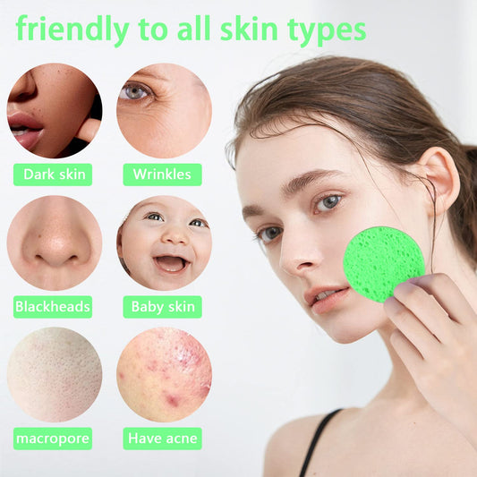 50-Count Facial Sponges Compressed Natural Cellulose Sponge Round Shape Face Sponge for Face Cleansing Exfoliating and Makeup Removal, Green