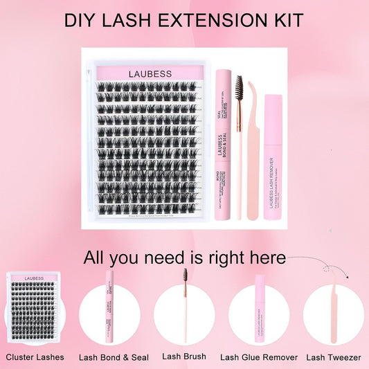 Lash Extension Kit LAUBESS Lash Clusters Kit Cluster Eyelash Extensions Kit Eyelash Clusters Lash Bond and Seal Waterproof Tweezers Brush Lash Glue Remover (Kit 01-D-Mix14-18)