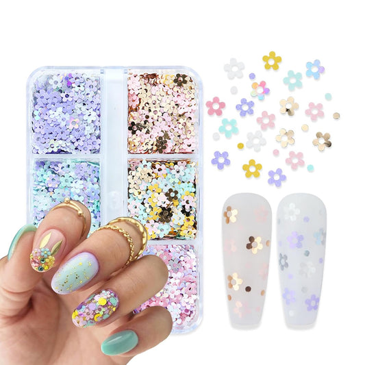 6 Grids Hollow Plum Flower Sequins for Nail,Mixed Colorful Floral Nail Flakes 3D Confetti Flowers Nail Glitter Shiny Flower Nail Flakes Acrylic Nails Supplies for Women Girls Manicure Decorations