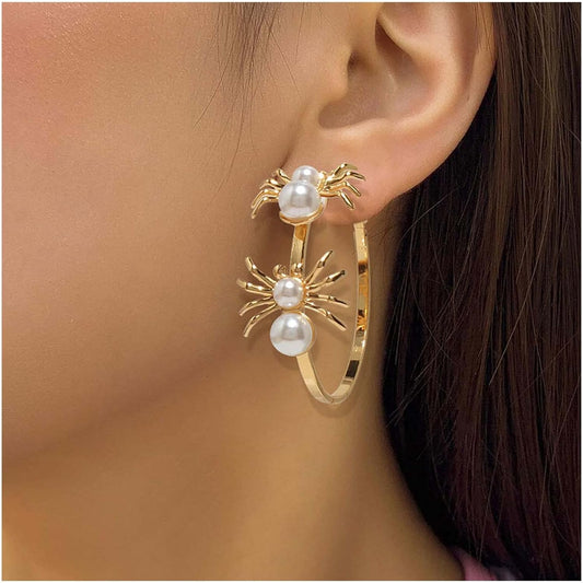 Vintage Hollow Circle Drop Earrings Pearl Spider Dangle Earrings Gold Spider Circle Earrings Exaggerated Circle Huggie Hoop Earrings Jewelry for Women