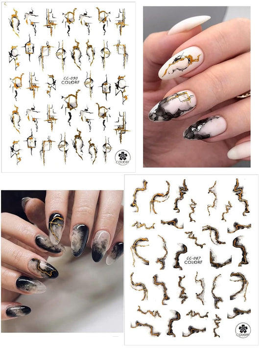 TOROKOM 12 Sheets Nail Art Stickers Decals,Self-Adhesive Black White Gold Stripe Line Nail Decals Marble Wave Nail Sticker Supplies for 3D Nail Design Nail Accessories for Women French Nail Decoration