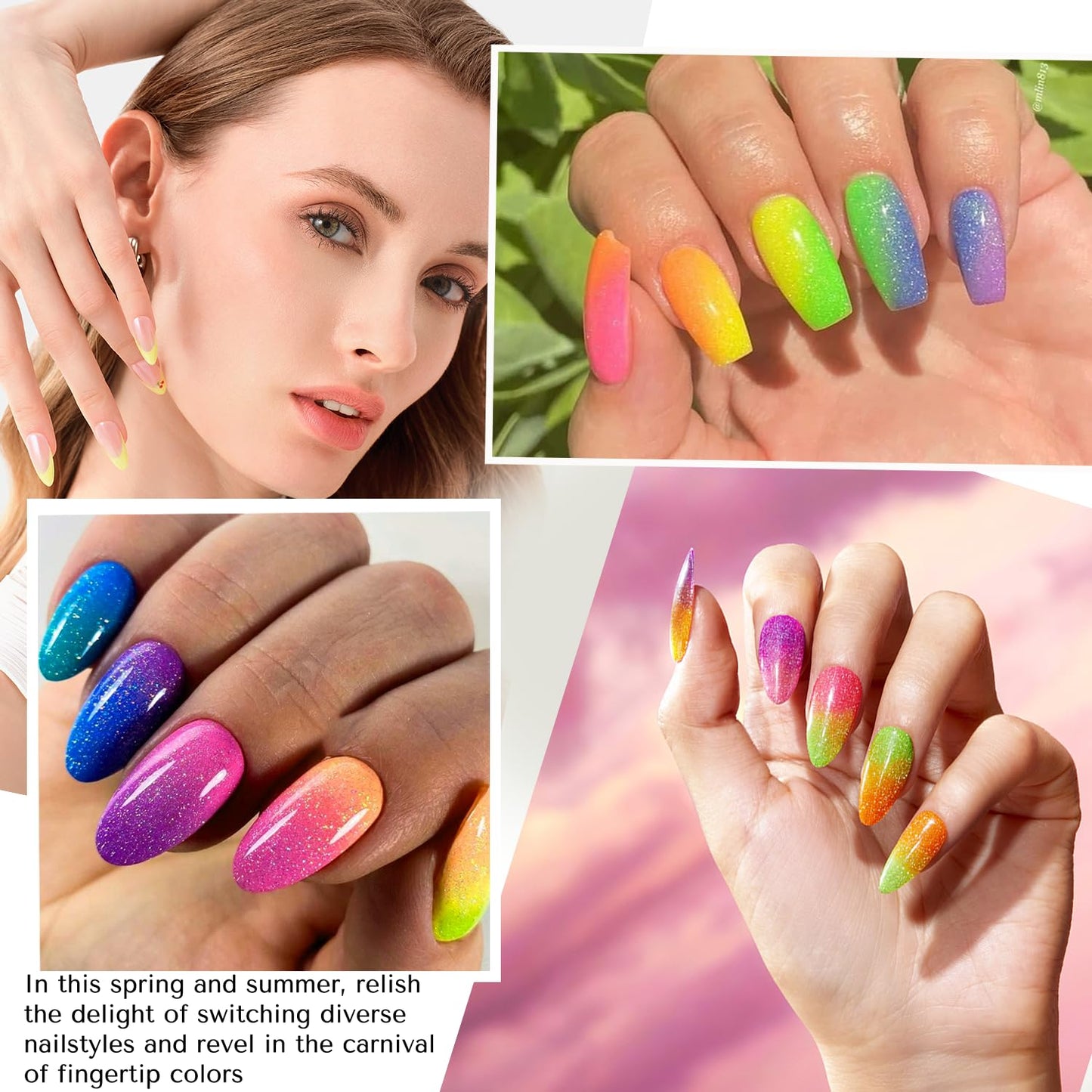 AZUREBEAUTY Nail Polish Set, 4 Colors Shimmer Glitter Neon Pink Orange Green Purple Spring Summer Long Lasting Quick Dry Natural Fingernail Lacquer Strengthening Kit with Top Coat DIY Salon