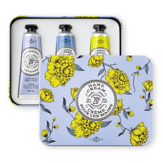 La Chatelaine French Hand Cream Trio Tin, Holiday Gift Set, Hand Lotion for Women, Made in France with 20% Organic Shea Butter (Lavender, Lychee Bilberry & Lemon Verbena or Citrus Fizz) 3 x 1 fl oz