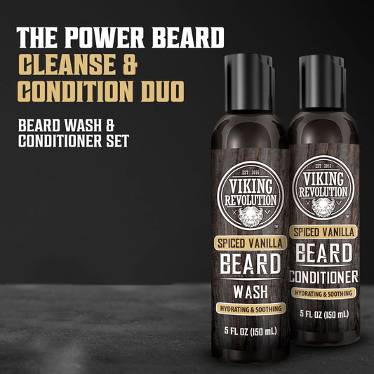 Viking Revolution Beard Wash and Beard Conditioner for Men with Argan Oil and Jojoba Oil - Beard Softener and Strengthener Beard Care Beard Shampoo and Conditioner with Beard Oil (5oz, Spiced Vanilla)