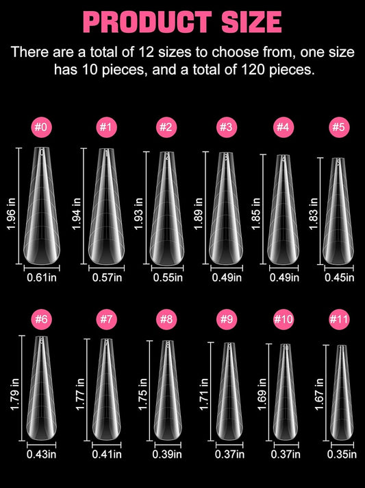 EBANKU 120Pcs Poly Extension Gel Dual Forms Clear Tips Set - Acrylic False Nails With 12 Sizes Square Stiletto Gel Forms Full Cover Reusable Molds