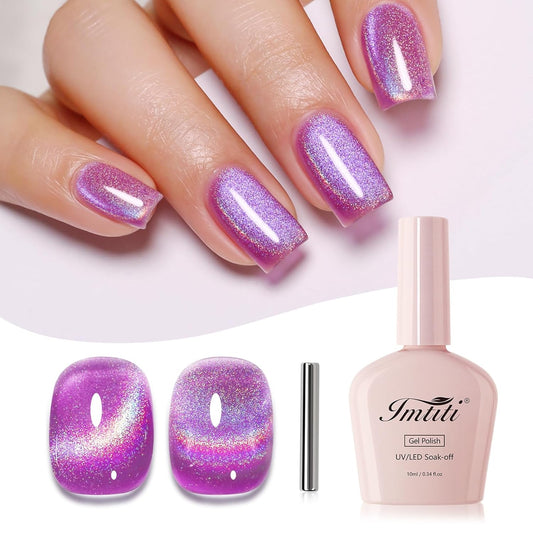 Imtiti Cat Eye Gel Nail Polish, Purple Rainbow Holographic Magnetic Gel Polish With Magnet Glittery Iridescent Galaxy Nail Gel Polish Spring Summer Gel Polish Kit Soak Off UV Led 10ML