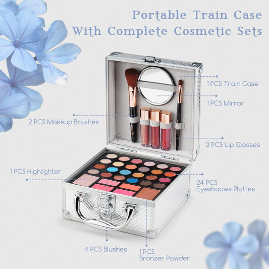 Color Nymph Beginner Makeup Kit For Teens With The Small Cosmetic Train Case Included 24-Colors Eyeshadow Palette Blushes Bronzer Highlighter Lipstick Brushes Mirror(Silver)