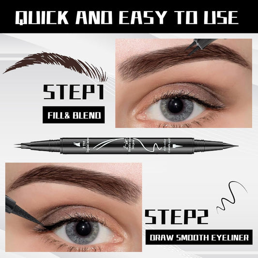 Curved 2 Tip Eyebrow Pen-Brown Eyebrow Pencil With Black Eyeliner 2-in-1 Dual-Ended Create Natural Hair-Like Brows,Waterproof,Smudge Proof,Long Lasting All-Day
