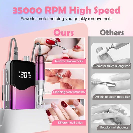 CIVPOWER Nail Drill Professional: 35000RPM Electric Nail File - Portable Rechargeable LED Display Nail Tool Kit- Manicure Pedicure Salon Home DIY Purple