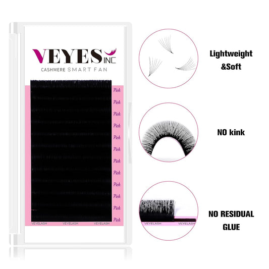 VEYES INC Cashmere Smart Fan Lash Extensions 0.03 0.05 0.07 C/CC/D Curl 8-20mm Mixed & Single Length, Super Matte Black Volume Lashes, Professional Supplies for Lash Techs (0.07 CC 8-16mm)