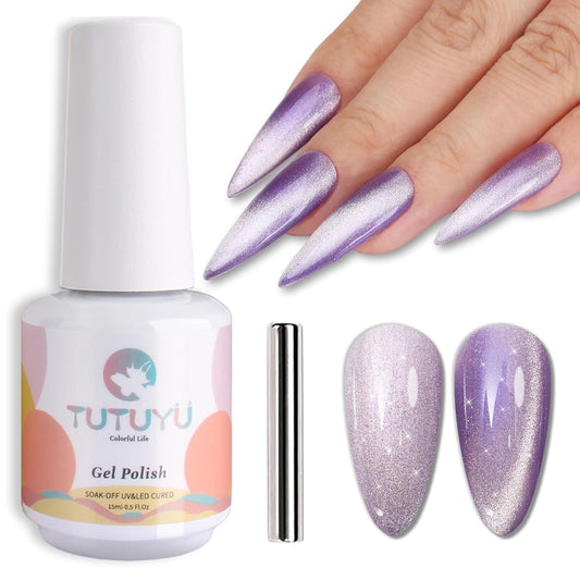 Bright Purple Cat Eye Gel Nail Polish,Crystal Galaxy Holographic Lavender Cateye Gel Polish with Magnet, Purple Gel Silver Shimmer Velvet Soak Off Uv Led Home Diy Manicure GP0100