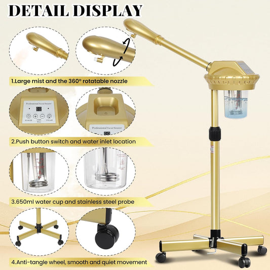 Facial Steamer Professional with More Steam for Deep Cleansing and Hydration, Estheticians Steamer on Wheels with Time Setting, Face Steamer Adjustable Height for Beauty, Spa and Home Use(Golden)