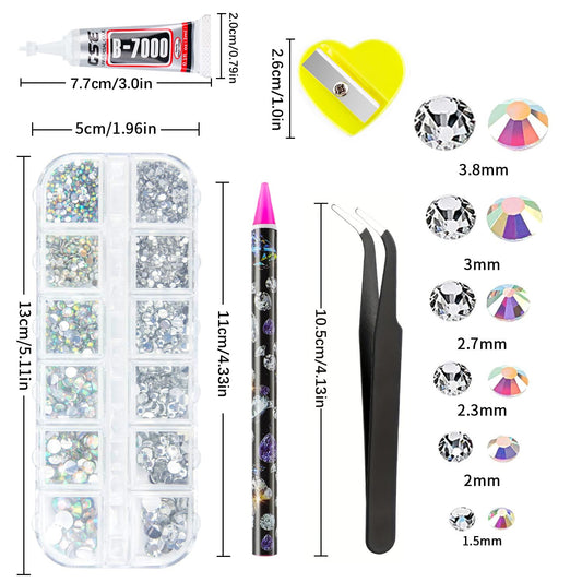 Canvalite Rhinestones 2784PCS in 6 Sizes Flat Back Gems, Crystal AB Art Gems with 5Pcs B7000 Glue, Pick Up Tweezers and Picker Dotting Pen for Nails, Makeup, Stocking Stuffers Gifts for Women