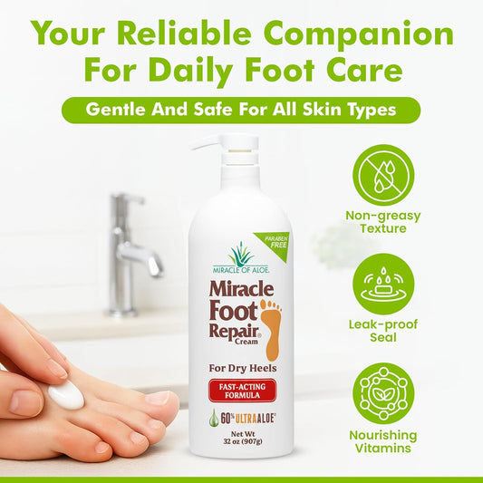 Miracle Foot Repair Cream (32 oz) Repairs Dry Cracked Heels and Feet, 60% Pure UltraAloe Moisturizes, Softens, and Repairs
