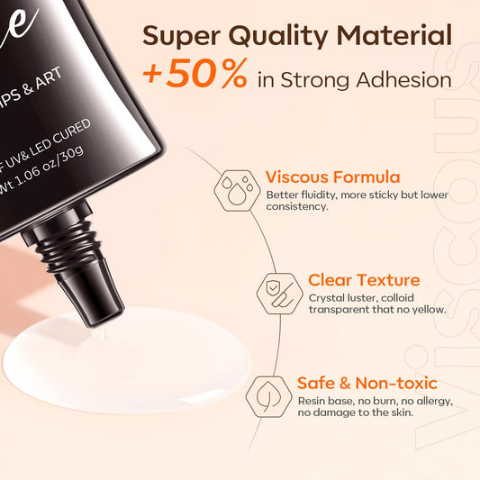 Modelones Manicure Tables Supports Growth 4-in-1 Rhinestone Glue - Super Strong for Press On Nails, Gems, Charms & Rhinestones, No Wipe Nail Art Glue, 30g Cured Needed