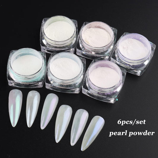 Pearl Chrome Nail Powder Set - 6 Colors Aurora Powder Mermaid Effect for Nails Iridescent Nail Glitter Shimmer White Rubbing Dust Nail Pigment Set Manicure Nail Art Decorations (Y451-459)