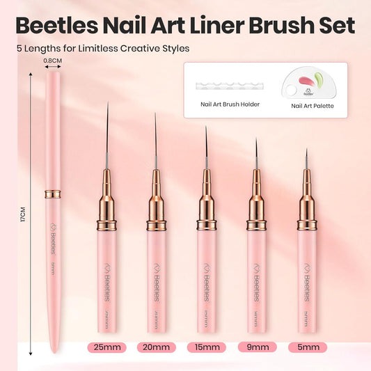 Beetles Gel Polish Nail Art Pens, 5pcs Nail Art Brushes Liner Brushes for Nails Pink Liner Sizes 5/9/15/20/25mm with Palette Holder Painting Manicure Design Tools for Long Lines, Details, Fine Drawing