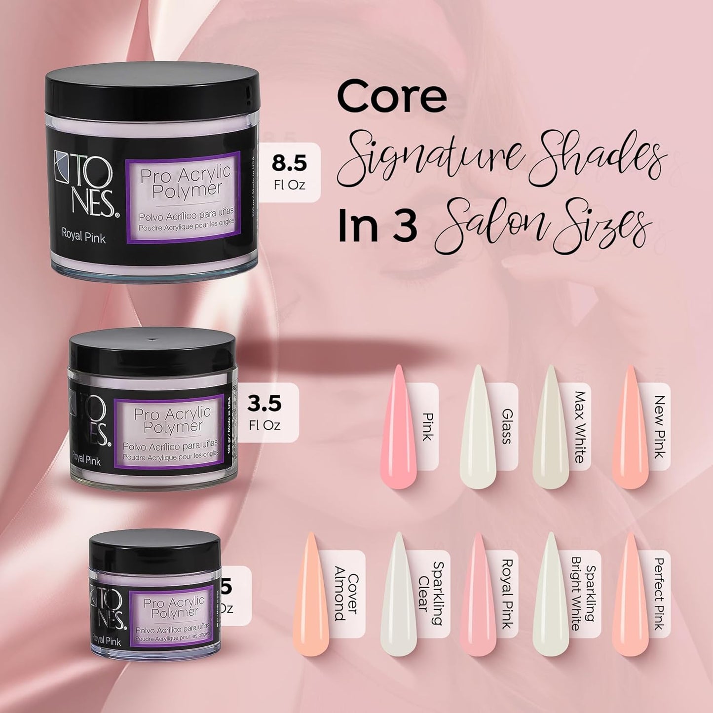 Tones Pro Acrylic Nail Powder, Royal Pink (Soft, Creamy Pastel Pink), (8.5 Fl Oz) - Long-Lasting & Non-Yellowing Polymer for Salon Quality Nail Extensions & 3D Art