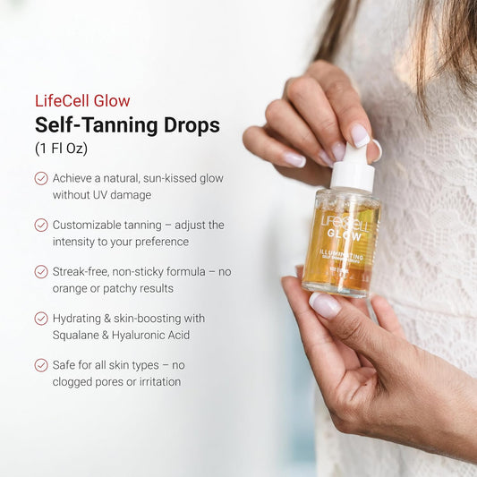 LifeCell Glow Self-Tanning Drops for Face & Body, DHA & Squalane Formula, Customizable Tan, Streak-Free, Hydrating, Fragrance-Free, Non-Comedogenic, Safe for All Skin Types, 1 Fl Oz