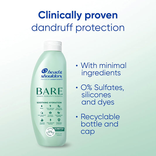 Head & Shoulders BARE Dandruff Shampoo Twin Pack, Soothing Hydration, Sulfate-Free, Silicone-Free, Dye-Free, Eco-Friendly Bottles, Safe for All Hair Types, 13.5 Fl Oz Each (Set of 2)