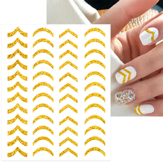 SILPECWEE 8 Sheets Gold Glitter Nail Art Stickers Decals for Women Kids French Nail Stickers French Tip Stripe Flame Flower Butterfly for Nails Design 3D Self-Adhesive Manicure Decoration