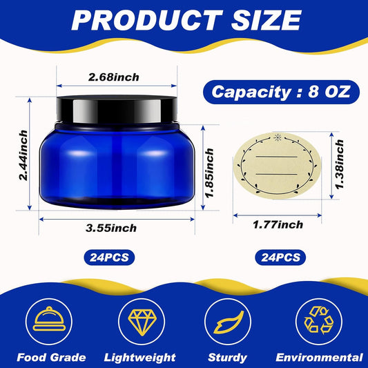 Tessco 24 Pack Plastic Jars with Lids Labels Empty Clear Plastic Jars Round Refillable Cosmetic Containers Body Butter Containers Bulk Sugar Scrub Bottle for Make Up(8 oz,Blue, Black)