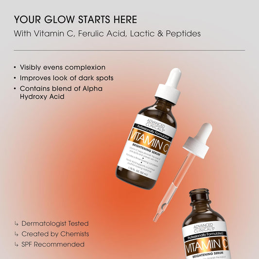 Advanced Clinicals Vitamin C Cream + Vitamin C Serum 2PC Skincare Set | Brightening Body Lotion & Facial Serum For Women & Men Helps Diminish Appearance Of Dark Spots, Wrinkles, & Uneven Skin Tone