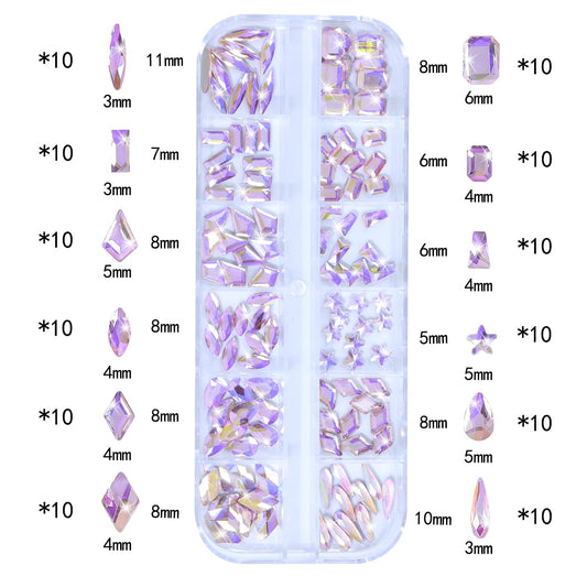 HNUIX Nail Rhinestones - 1600pcs 3D Multi Shape Size Crystal, Pink AB Nail Gems, Flat Back, with Kit, for Nail Art, DIY Decorations