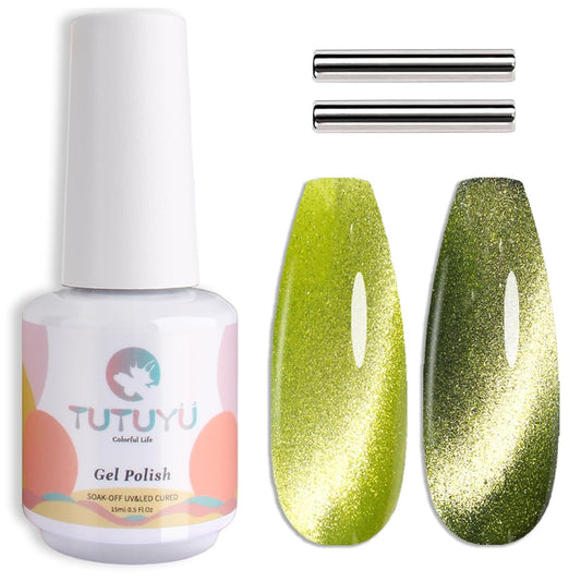 Lime Green Cat Eye Gel Nail Polish, 0.51 Fl Oz Crystal Glitter Holographic Cateye Magnetic Gel Polish for Manicure Salon or Nail Art Starter,Yellow Green Summer Fall Color Gel - GP0081