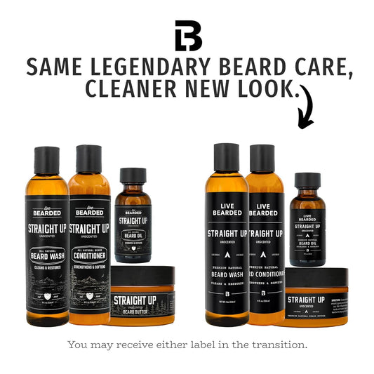 Live Bearded Complete Beard Grooming Kit - Wash, Conditioner, Butter and Oil - Made in the USA with All-Natural Ingredients - Mens Groom Set | Straight Up Unscented - Fragrance-Free