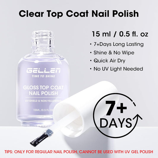 GELLEN Clear Nail Polish Top Coat, High Gloss Shine Top Coat Quick Air Dry UV-Resistant, Long Wear and Scratch Resistant, Chip Resistant, Protects Color & Nails, Non UV Gel, Hema Free, Non-toxic
