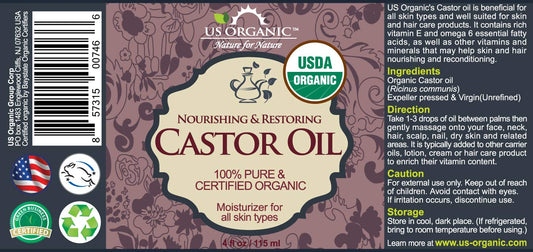 US Organic Castor Oil, USDA Certified Organic,Expeller Pressed, Hexane Free, 100% Pure & Natural moisturizing and emollient properties, For Skin, Hair Care, Eyelashes, DIY projects (4 oz (115 ml))
