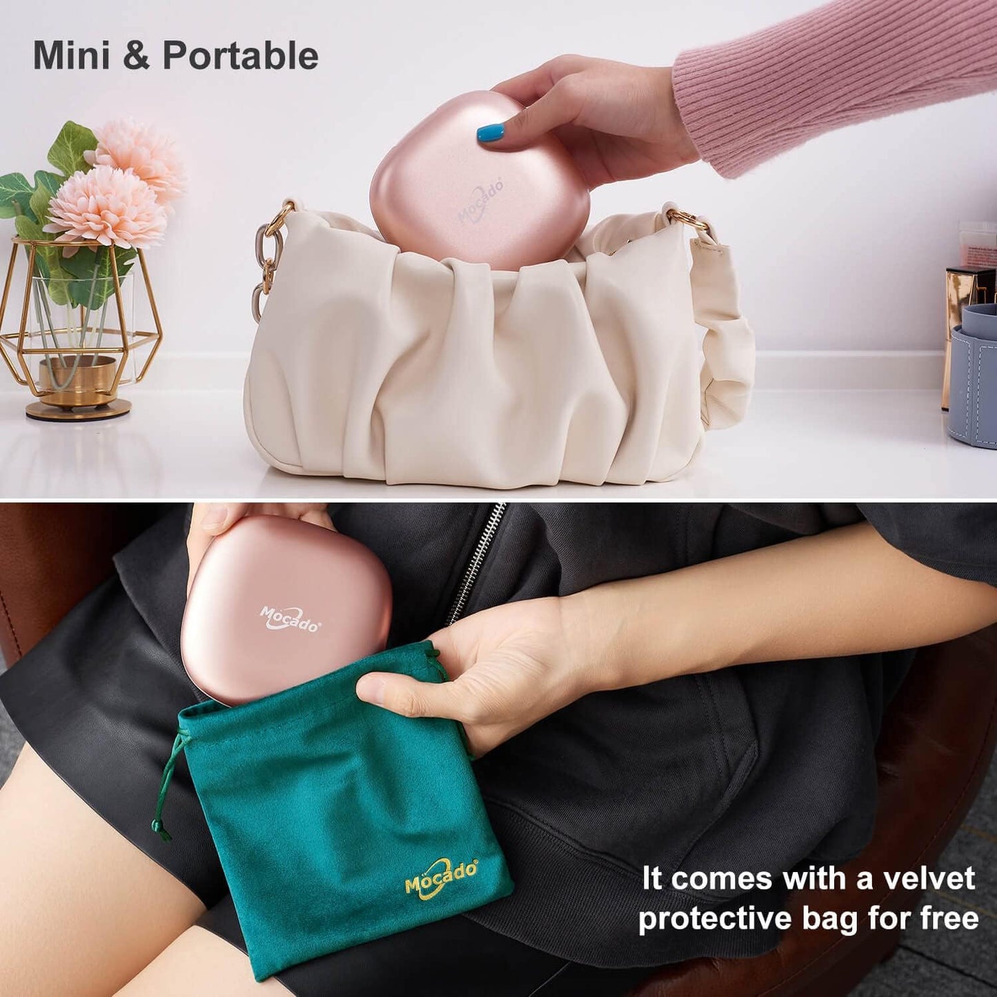 Mocado Compact LED Magnifying Travel Makeup-Mirror - 4 inches 1X/10X Magnification Small Hand Pocket Dimmable Double Sided USB Rechargeable Touch Screen, Portable Tabletop Cosmetic (Rose Gold)