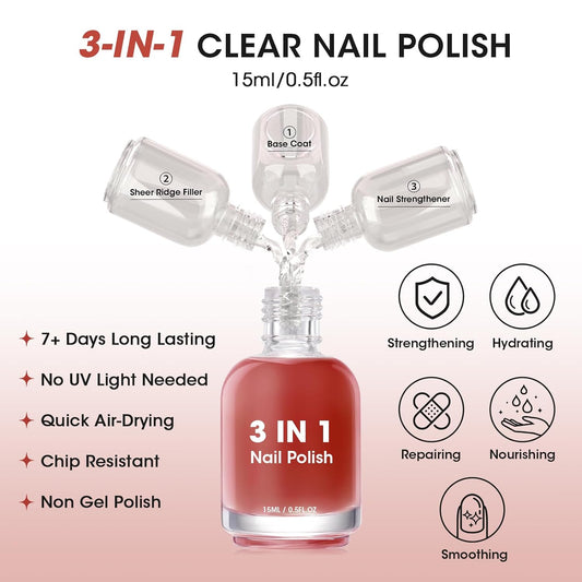 GELLEN Tinted Red Ridge Filler For Nails, Clear Nail Polish Ridge Filling Base Coat, Nail Strengthener and Growth, Hydrates Strengthens Nourishes Damaged Dry Nails, Shea Butter & Vitamin E & Protein