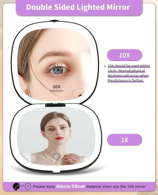 WOBSION Rechargeable Lighted Travel Makeup Mirror,1x/10x Compact Magnifying Mirror with Lights,Portable for Bag,4inch,Gift,Black